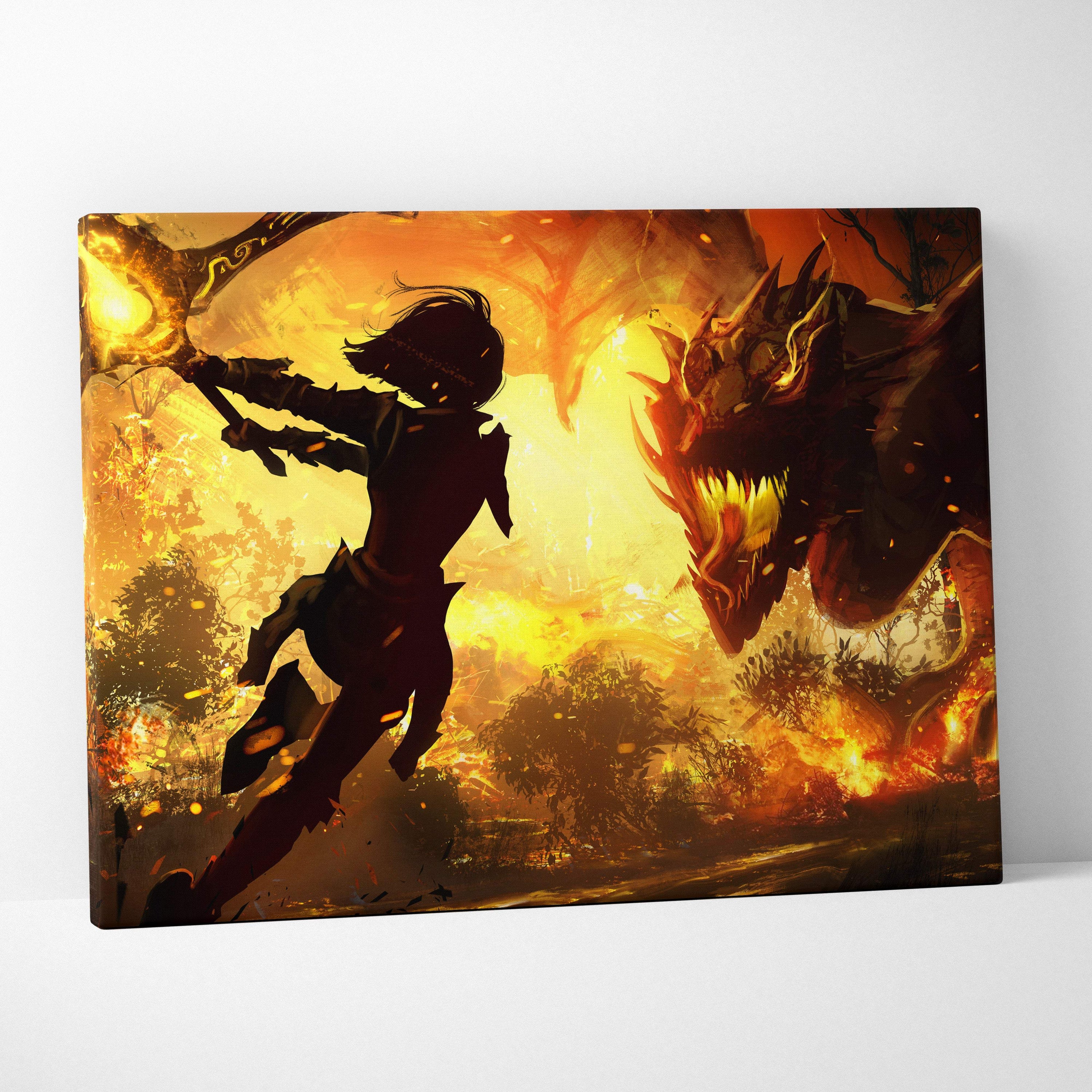 Epic dragon battle canvas wall art featuring a fiery orange and black fantasy scene with warrior versus dragon combat