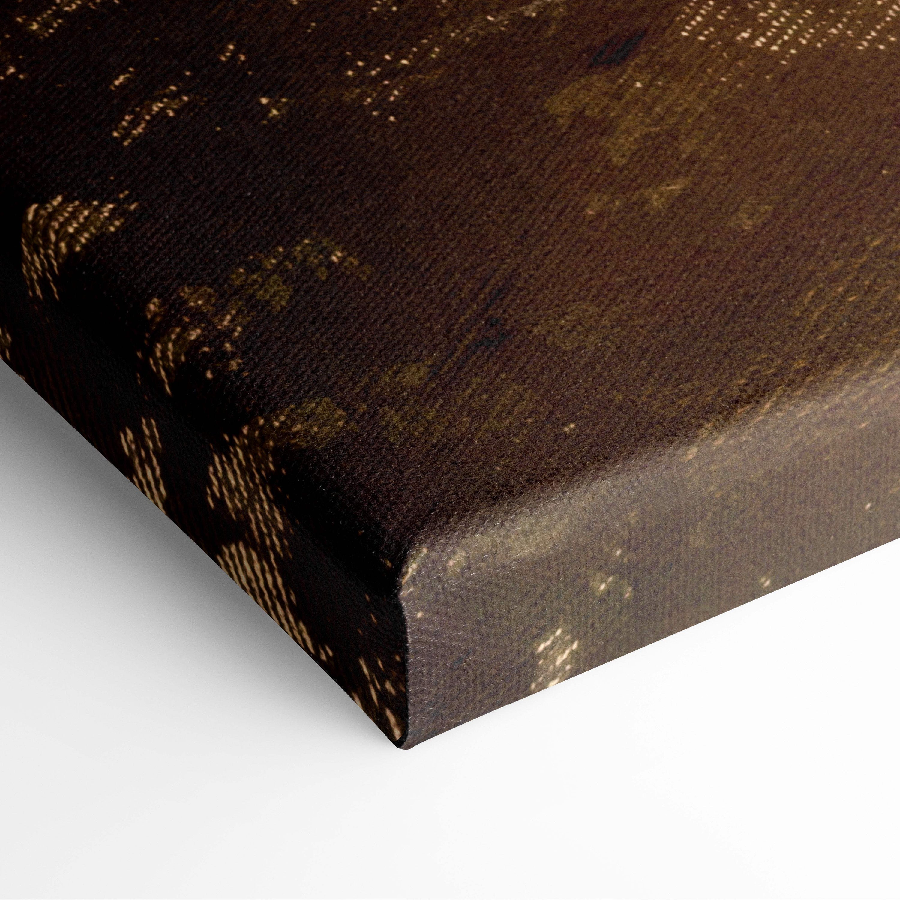 Brown canvas print featuring a textured distressed gold foil pattern for misty pine forest at golden sunrise wall art