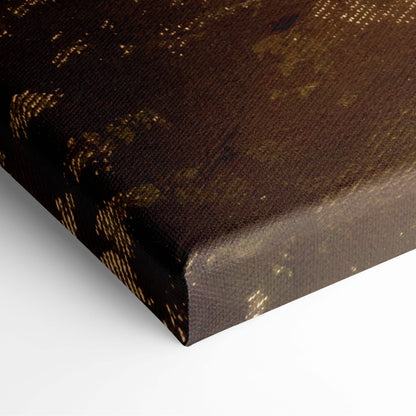 Brown canvas print featuring a textured distressed gold foil pattern for misty pine forest at golden sunrise wall art