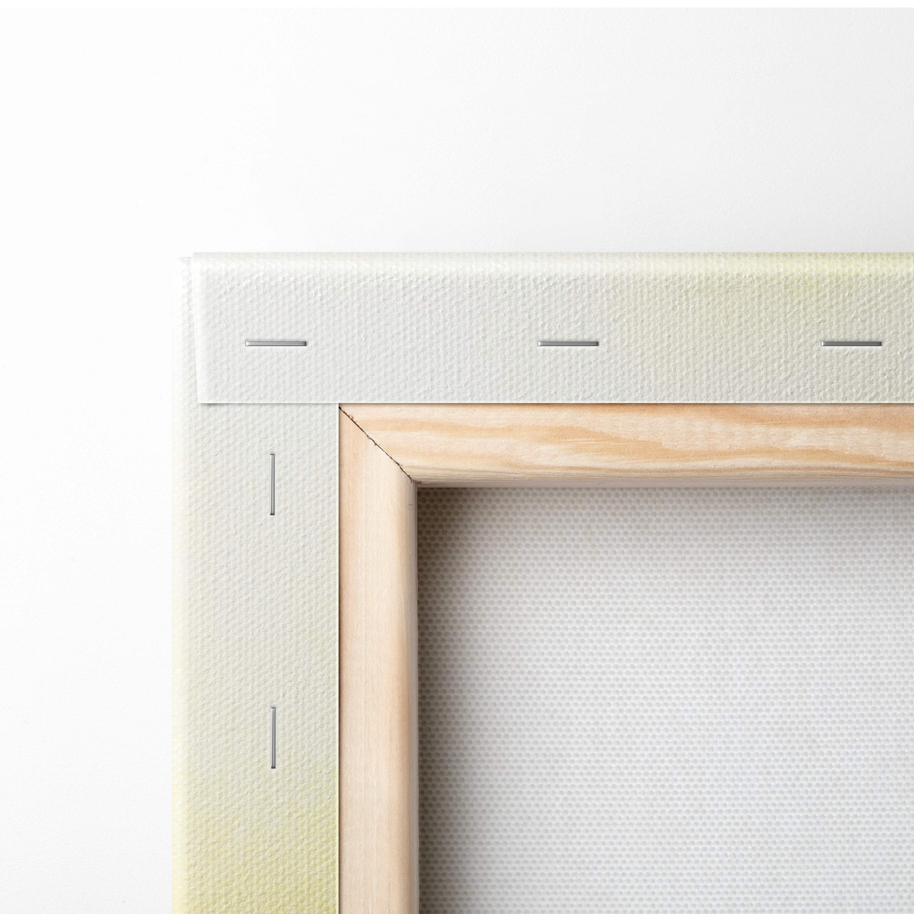 Light-colored wooden canvas frame with off-white textured fabric backing for misty pine forest golden sunrise wall art