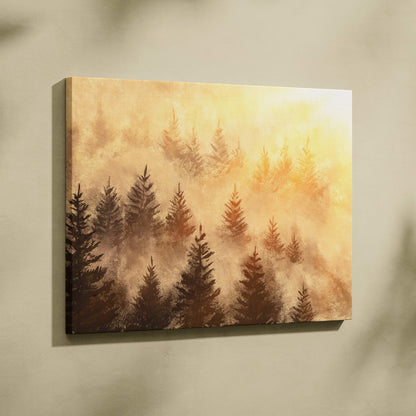 Rectangular canvas print of misty pine forest scene with tall trees in warm golden foggy light on a light wall