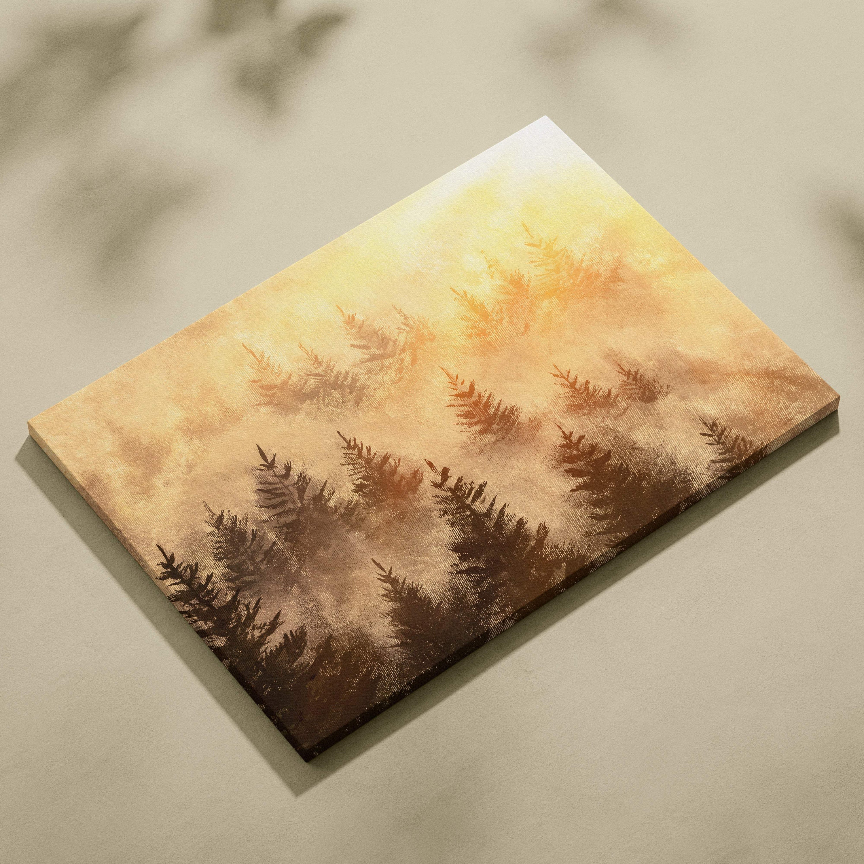 Rectangular canvas print of a misty pine forest with silhouetted evergreen trees against a warm golden sunrise sky