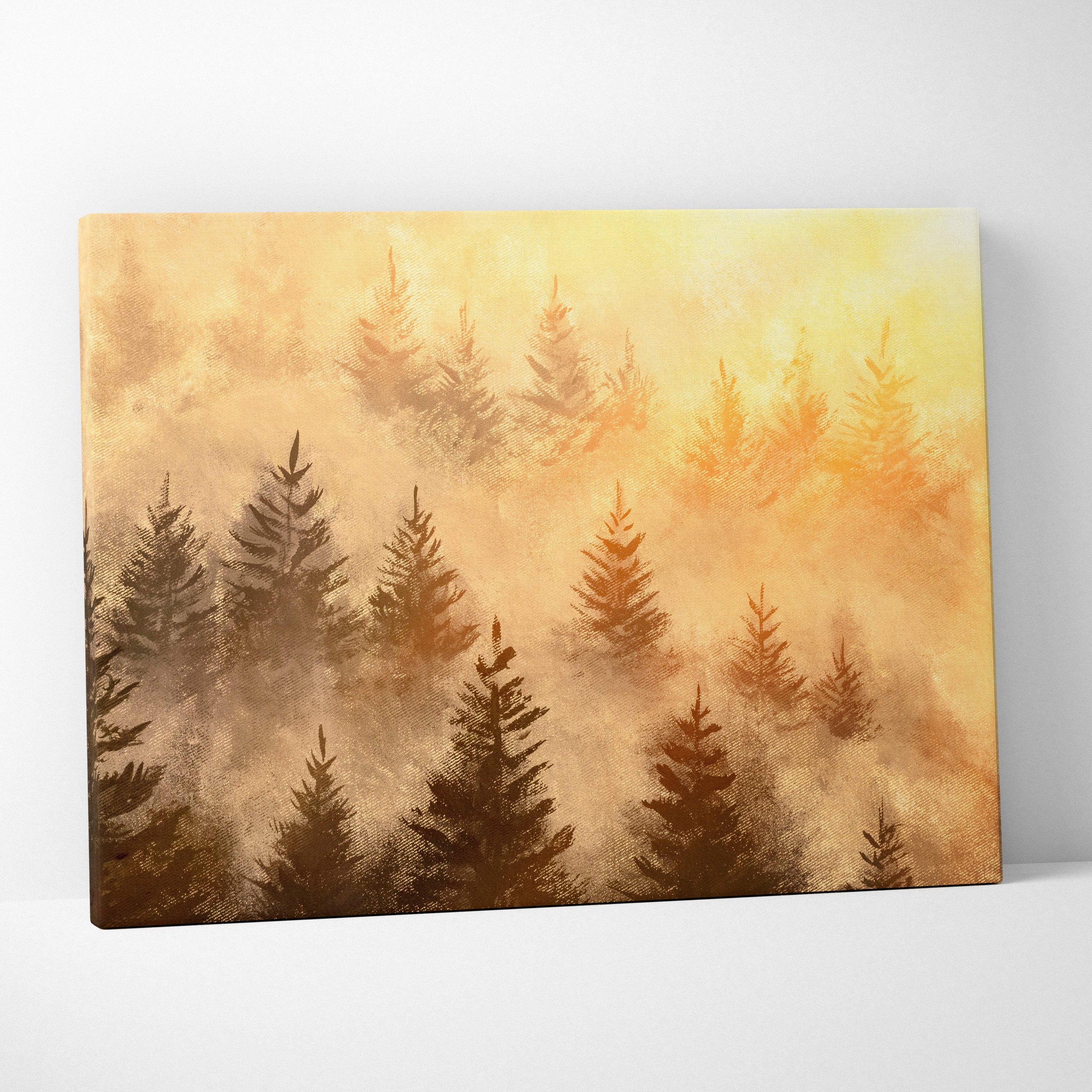 Rectangular canvas print of misty pine forest with tall trees silhouetted against warm golden orange sunrise sky