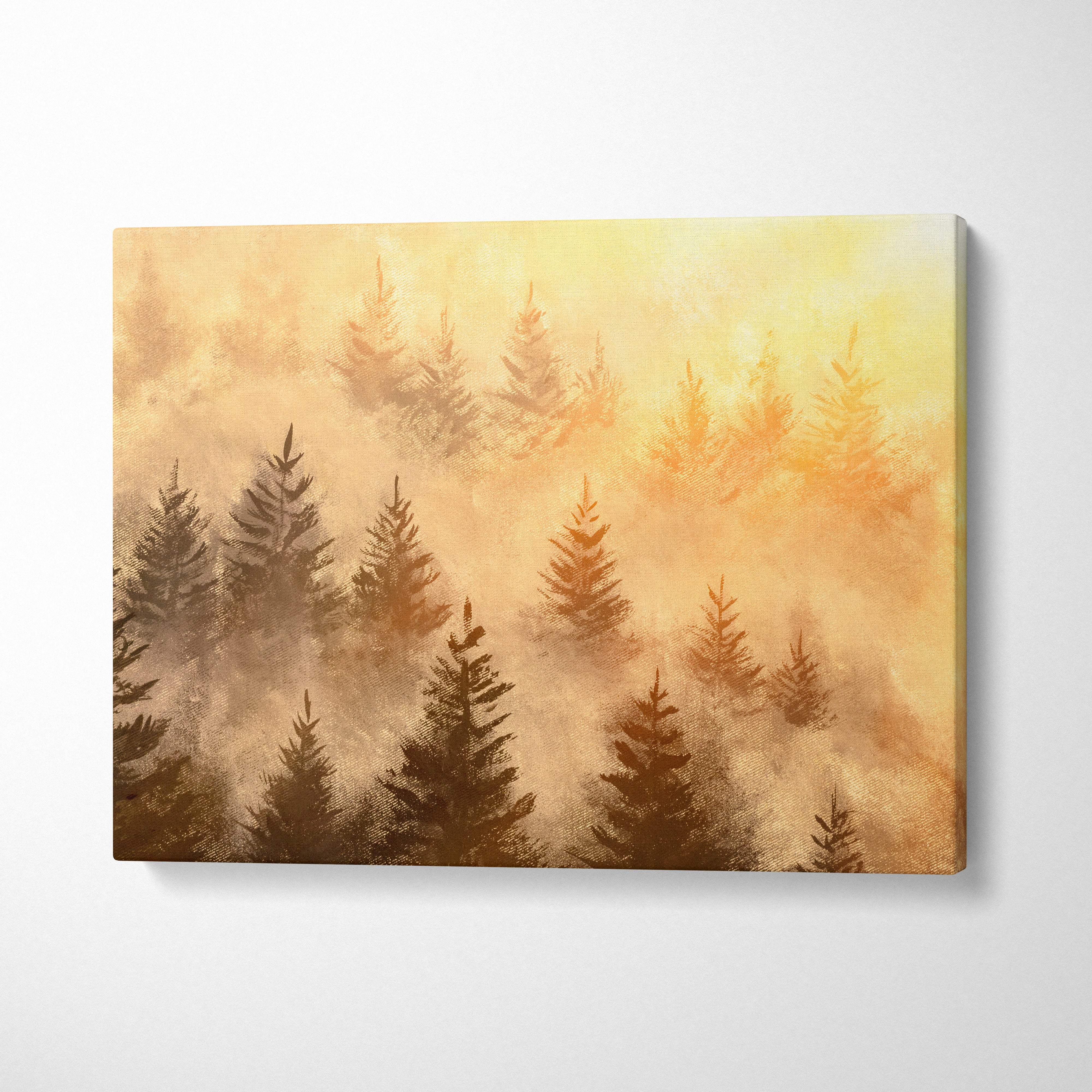 A canvas print of a misty pine forest at golden sunrise with tall evergreen trees in warm foggy light landscape