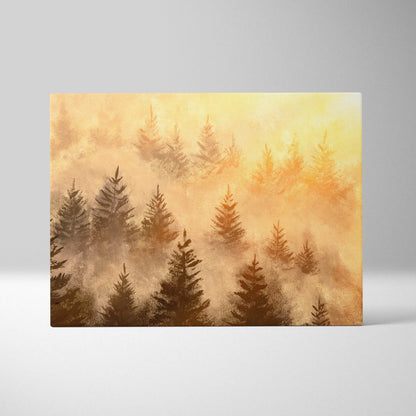 Rectangular canvas print of a misty pine forest at golden sunrise with warm orange hues and silhouetted evergreen trees