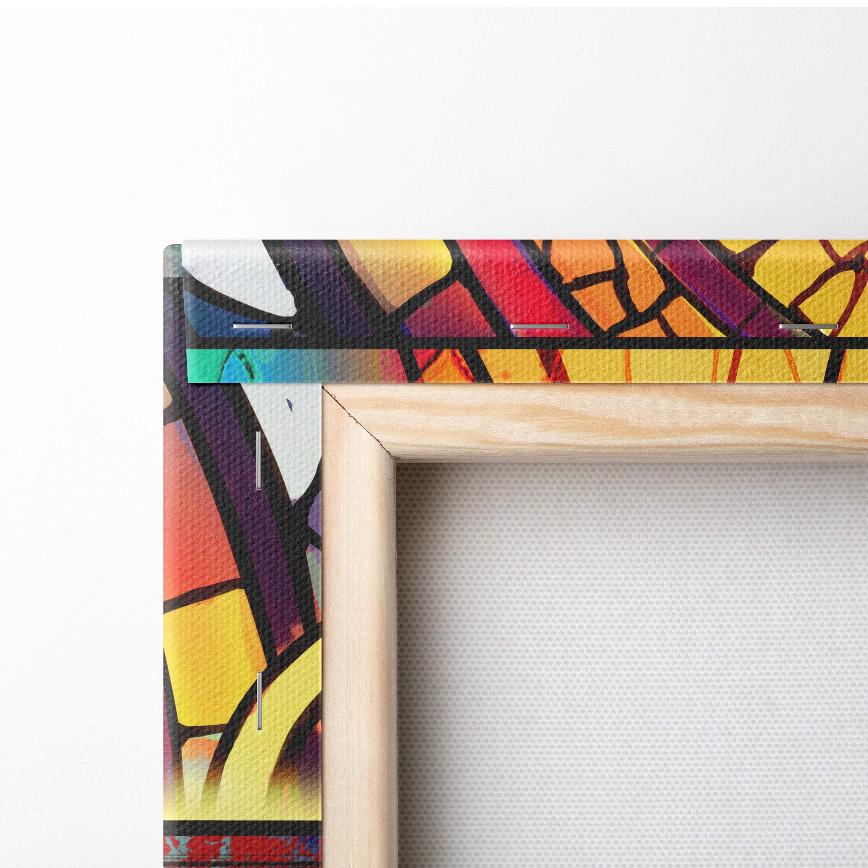 Holy knight stained glass canvas art features vibrant medieval fantasy geometric shapes in red yellow orange purple and blue with light wood frame