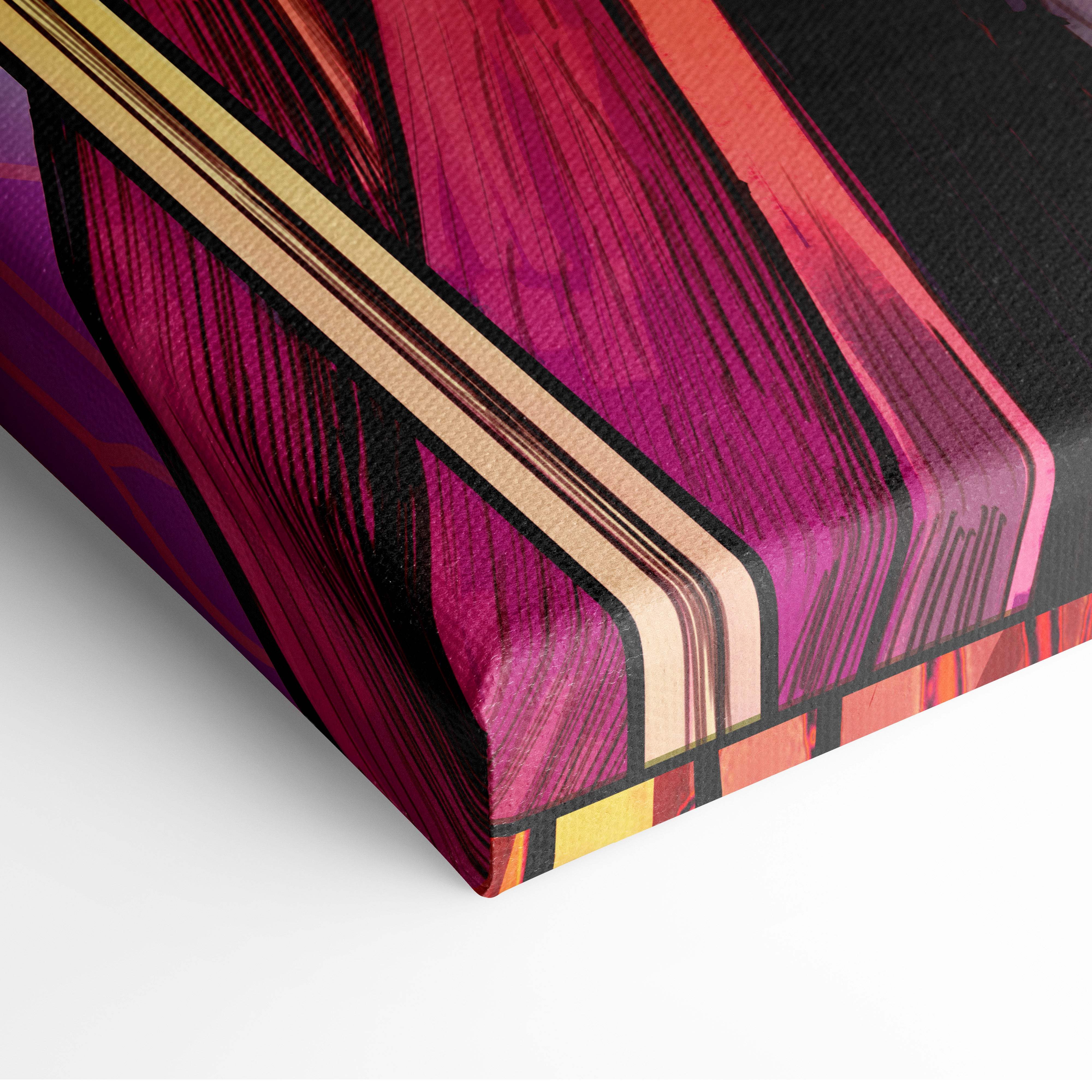 Holy Knight stained glass canvas art with vibrant magenta pink black stripes and gold accents gothic medieval decor