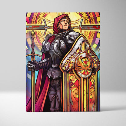 Holy knight stained glass canvas art of a knight in dark armor with red hood holding ornate sword and shield
