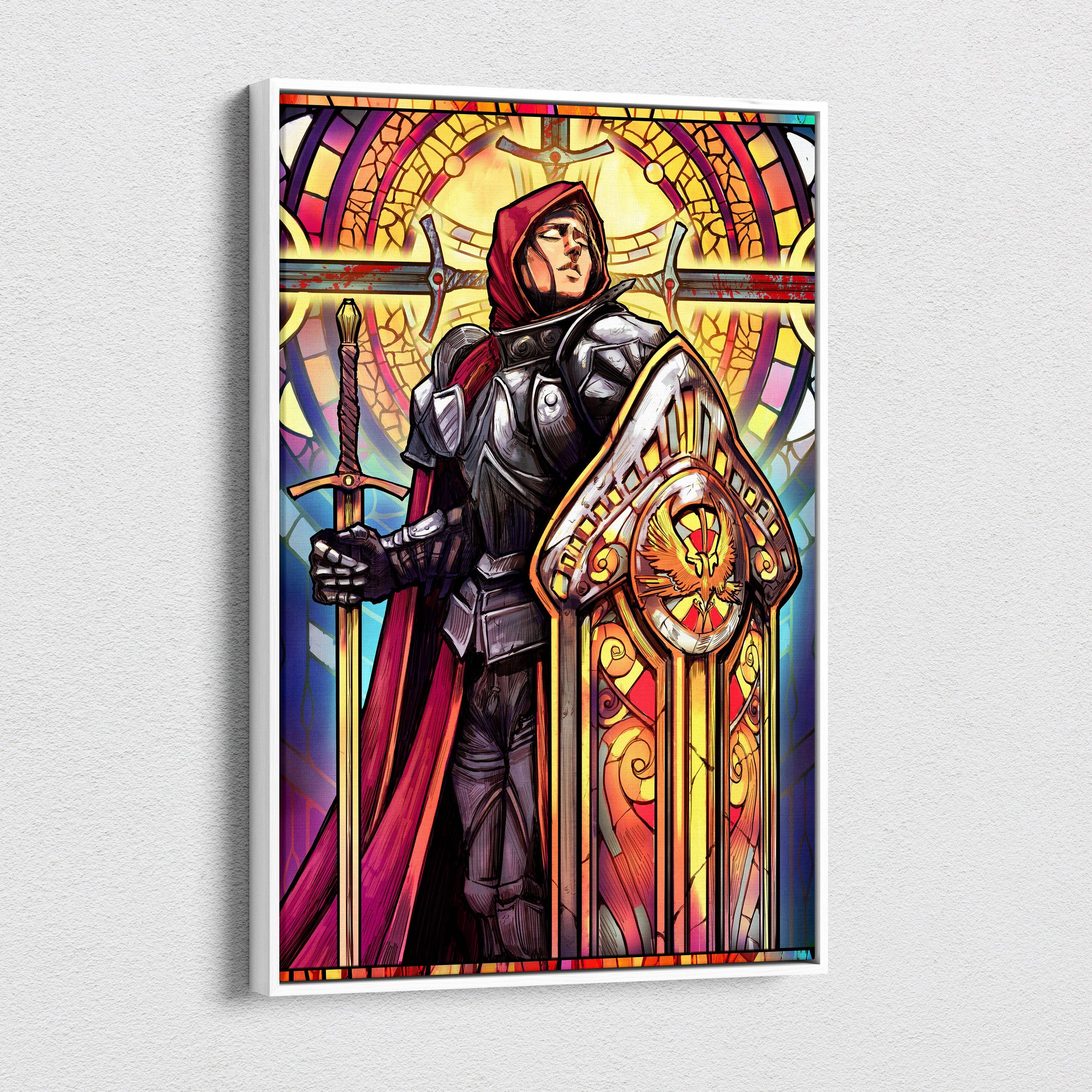 Holy knight stained glass canvas art showing a knight in dark armor with red hood holding a gold ornate sword and shield