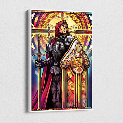 Holy knight stained glass canvas art showing a knight in dark armor with red hood holding a gold ornate sword and shield