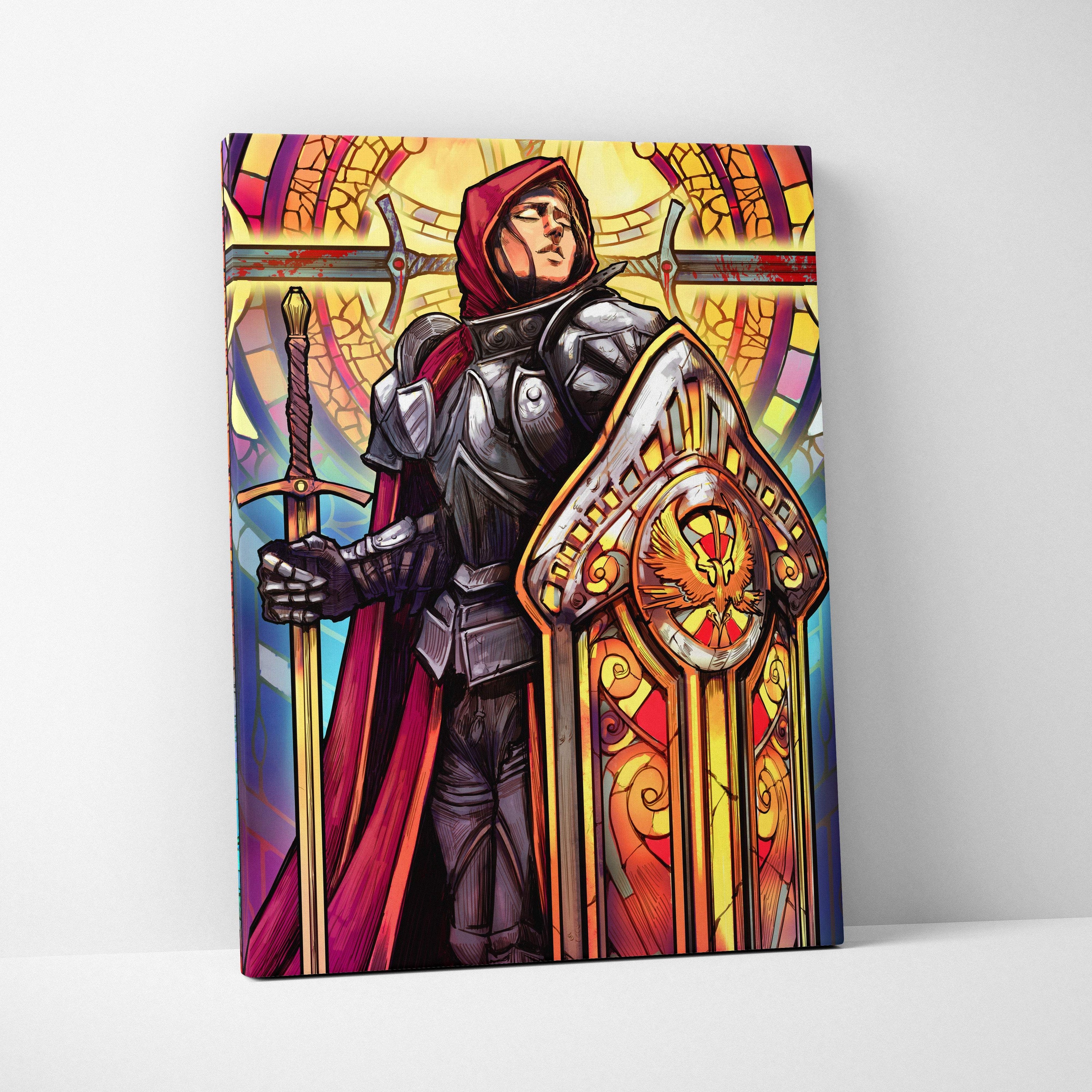 Holy knight stained glass canvas art with dark armored knight in red hood holding sword and golden phoenix shield