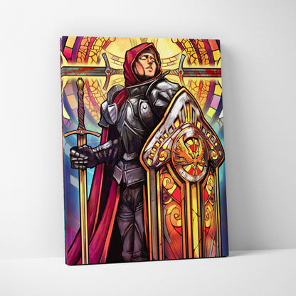 Holy knight stained glass canvas art with dark armored knight in red hood holding sword and golden phoenix shield