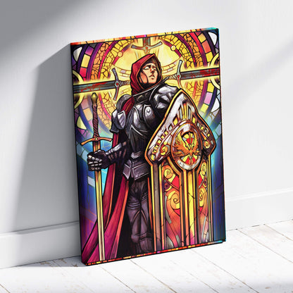 Holy knight stained glass canvas art featuring a knight in black armor with red hood holding gold detailed sword and shield