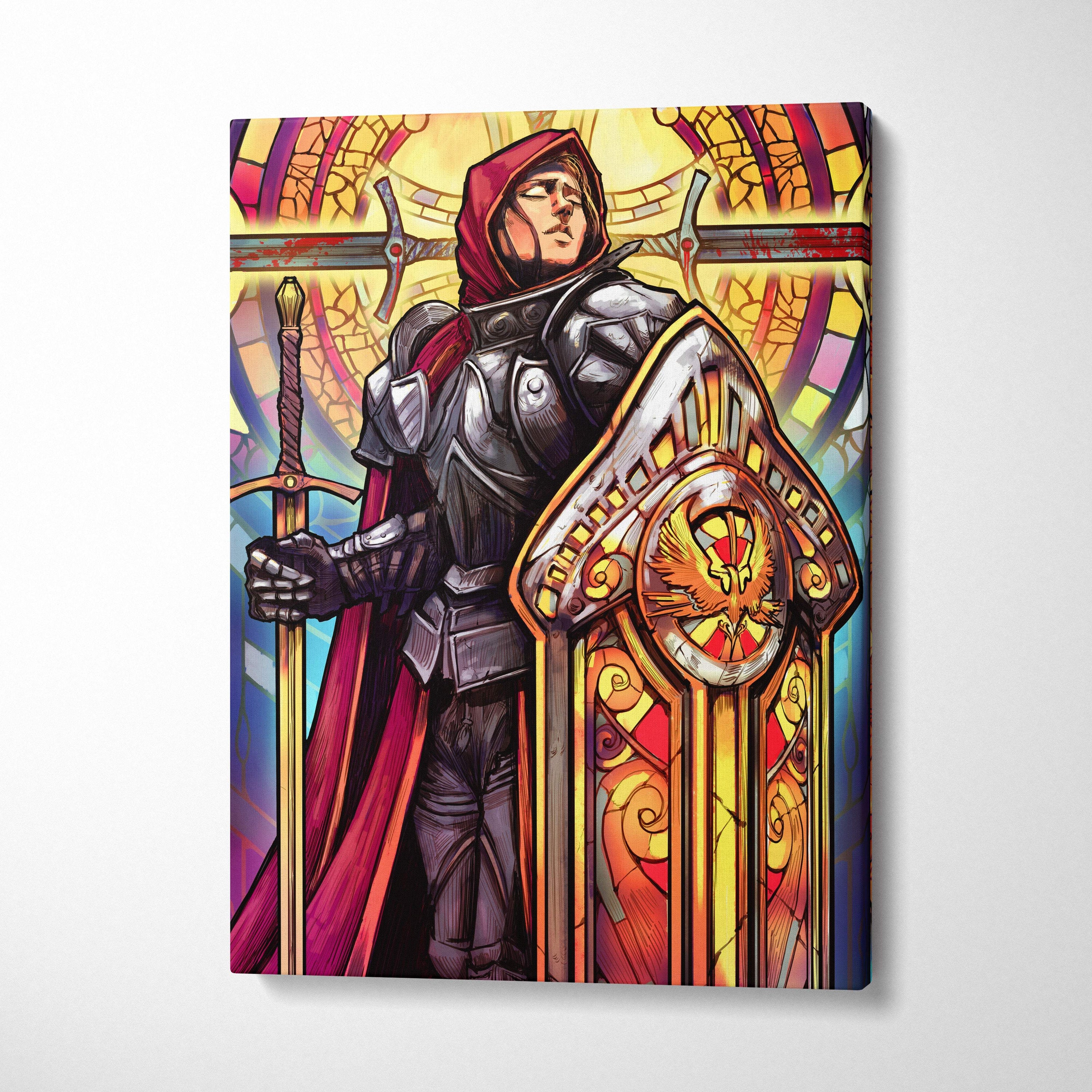 Holy knight stained glass canvas art featuring a knight in dark metallic armor with red hooded cloak holding sword and shield