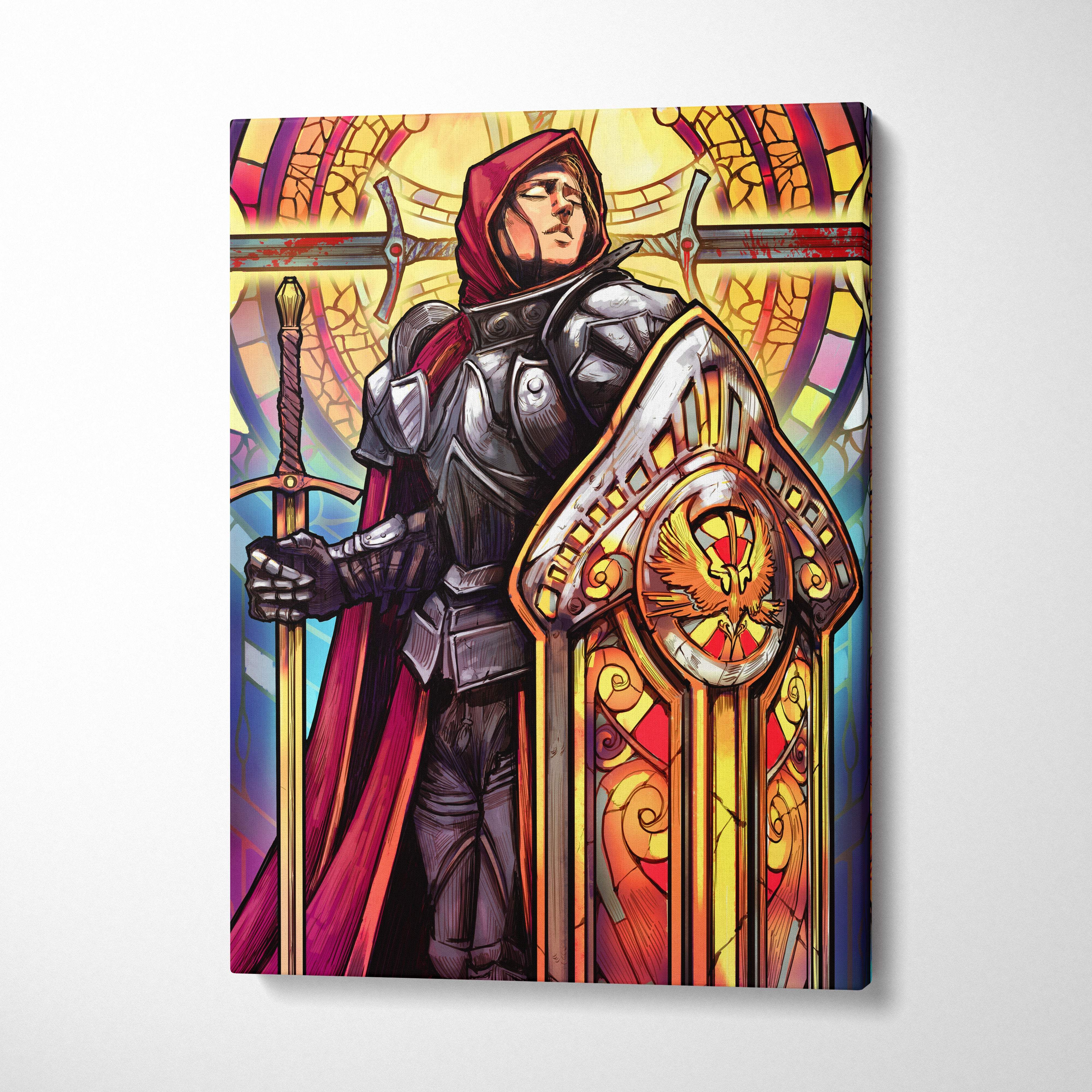 Holy knight stained glass canvas art featuring a knight in dark metallic armor with red hooded cloak holding sword and shield