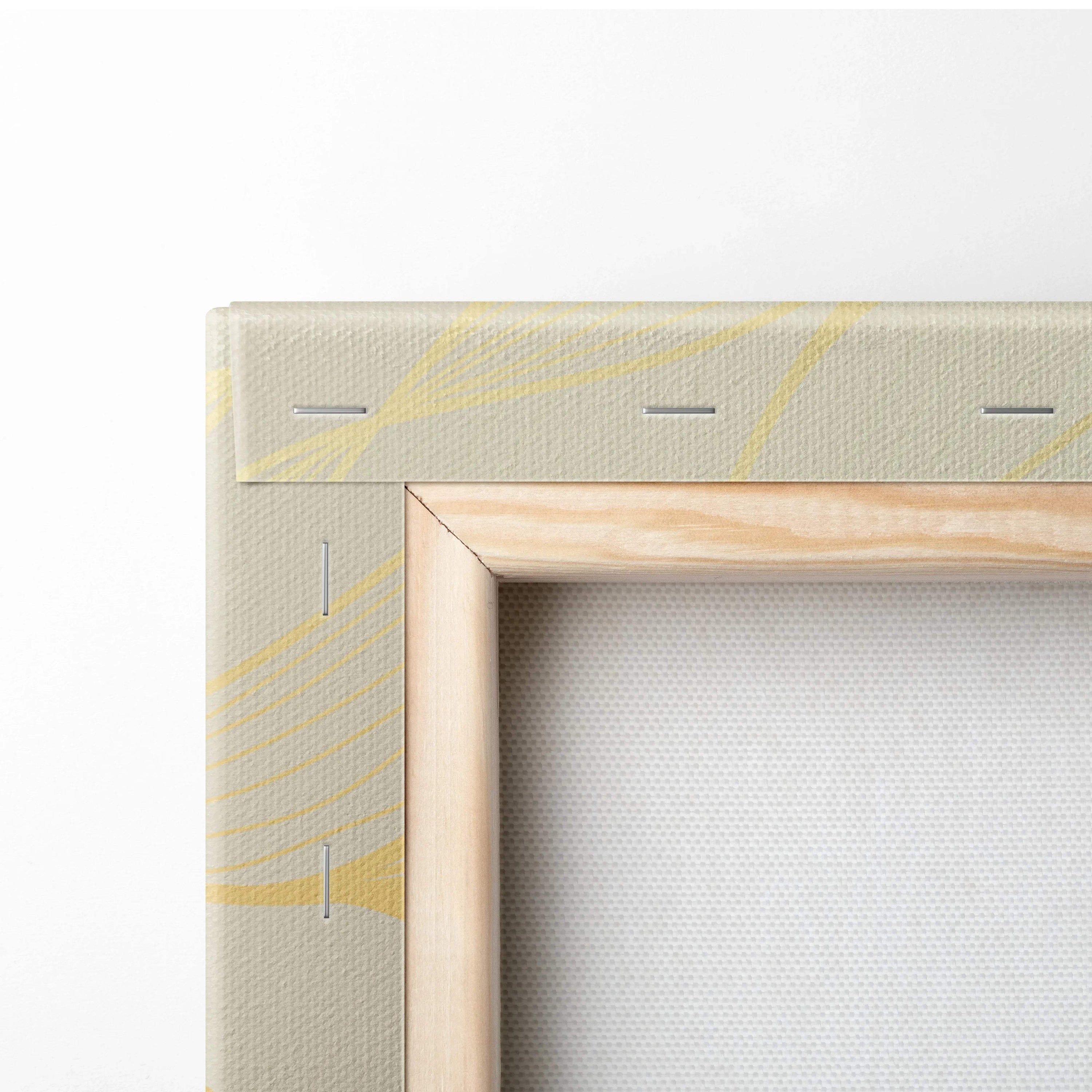 Back of light wood-framed canvas with beige yellow marbled stretcher bars