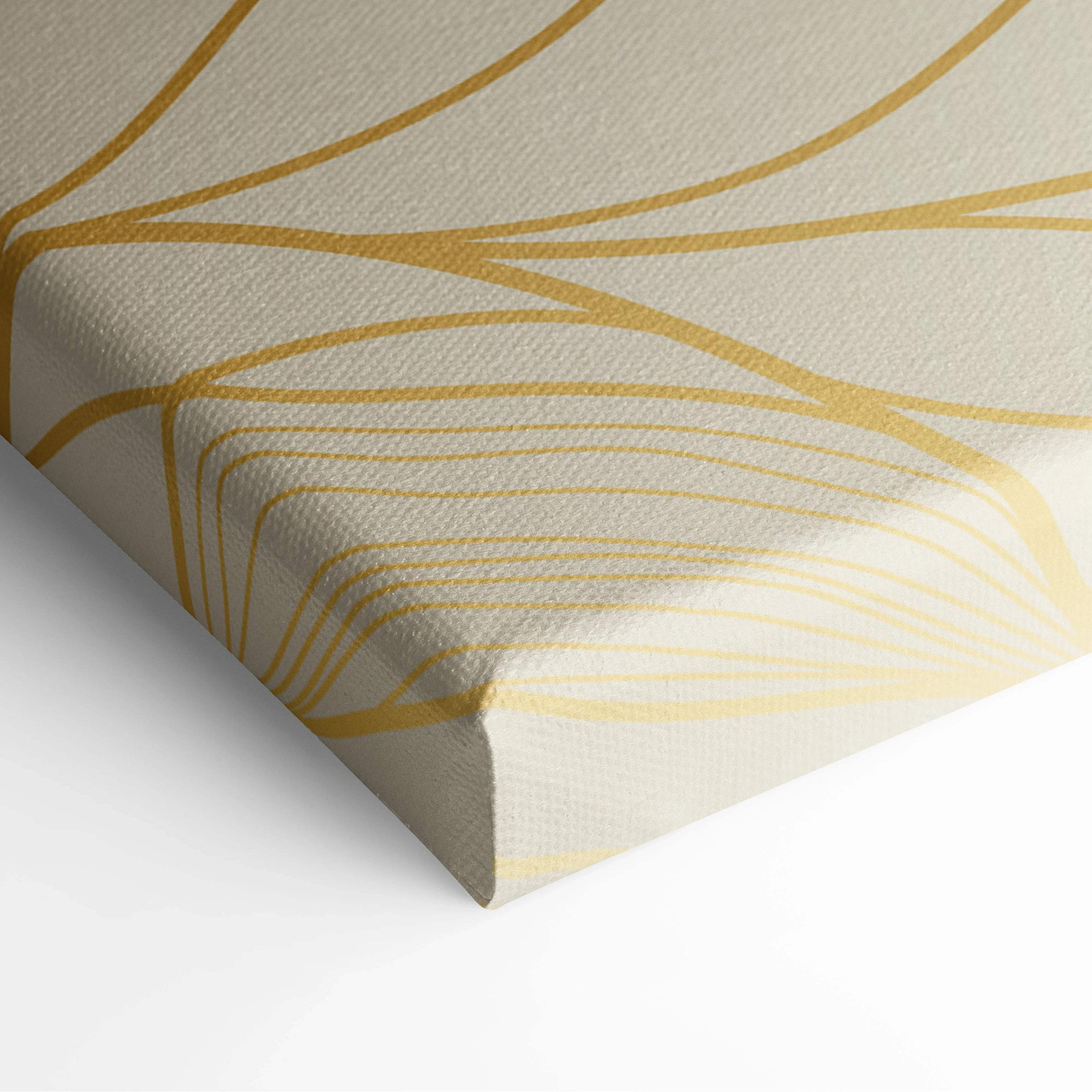 Elegant beige canvas print with gold leaf-like wave lines