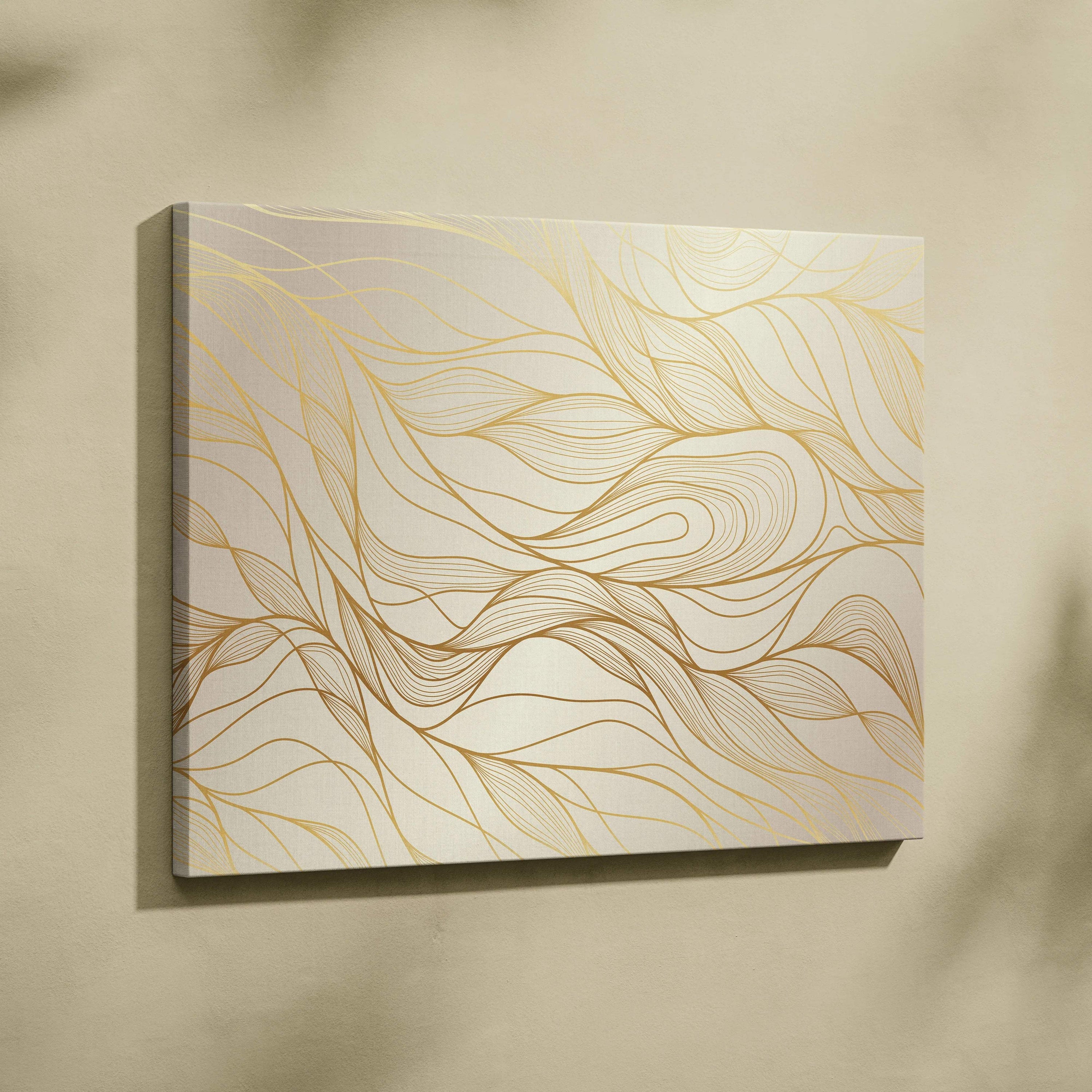 Elegant abstract wave canvas wall art with champagne and metallic gold lines