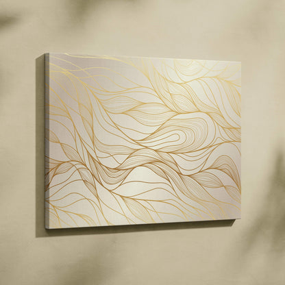 Elegant abstract wave canvas wall art with champagne and metallic gold lines