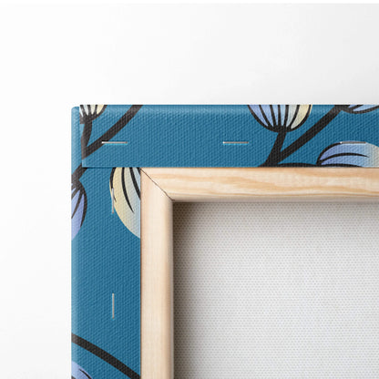 Minimalist blue canvas wall art with vintage white berries on branches in light wood frame