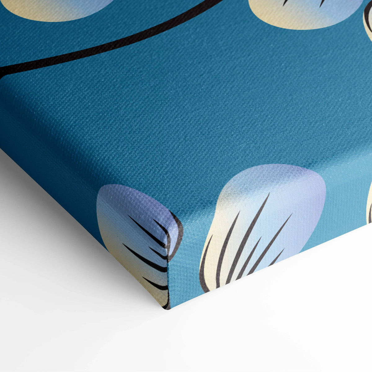 Minimalist blue cream canvas wall art with seashell motifs on teal background