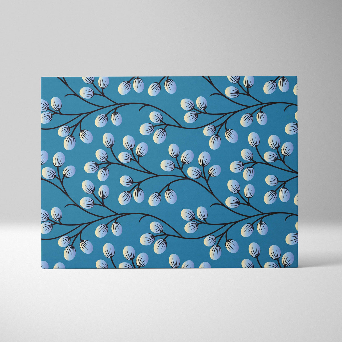 Minimalist blue canvas with black branches and white berry buds