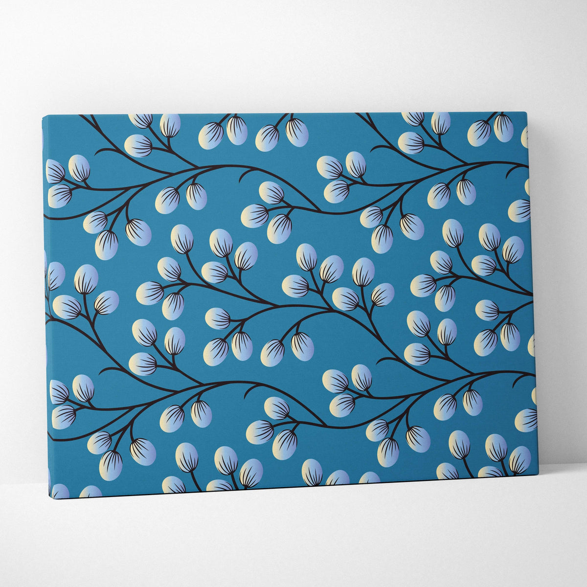 Minimalist blue canvas print with black branches and light blue egg buds