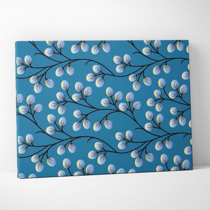Minimalist blue canvas print with black branches and light blue egg buds