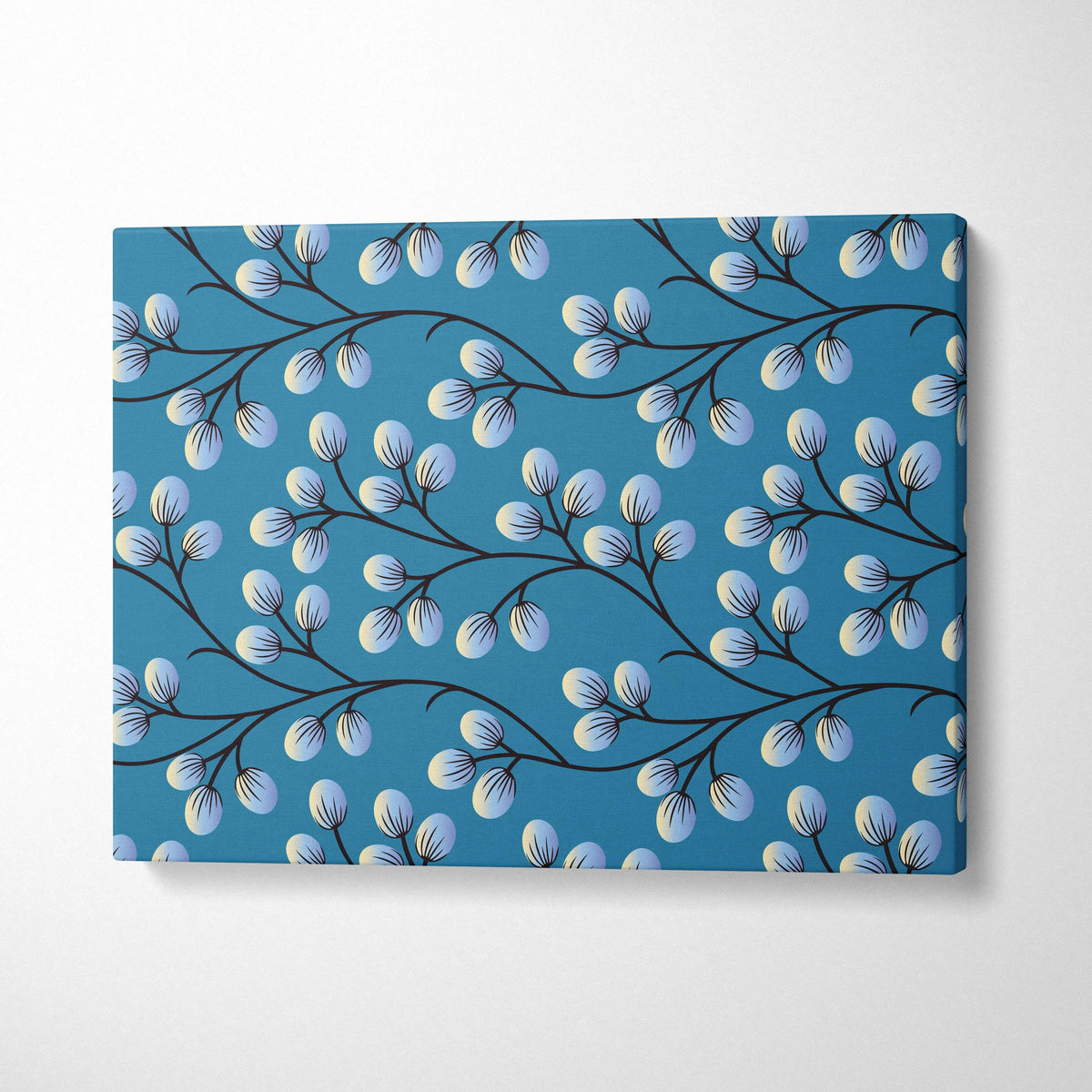 Minimalist blue canvas print with black branches and white berry buds