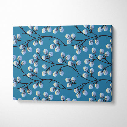 Minimalist blue canvas print with black branches and white berry buds