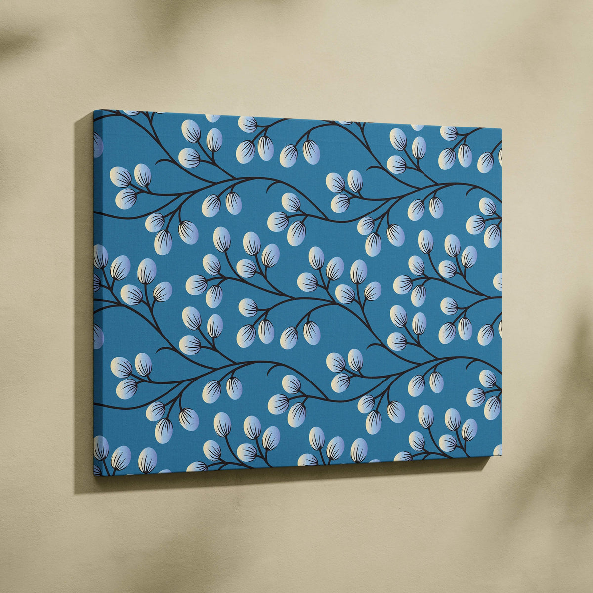 Minimalist blue canvas wall art with black branches and white berry buds