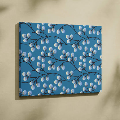 Minimalist blue canvas wall art with black branches and white berry buds