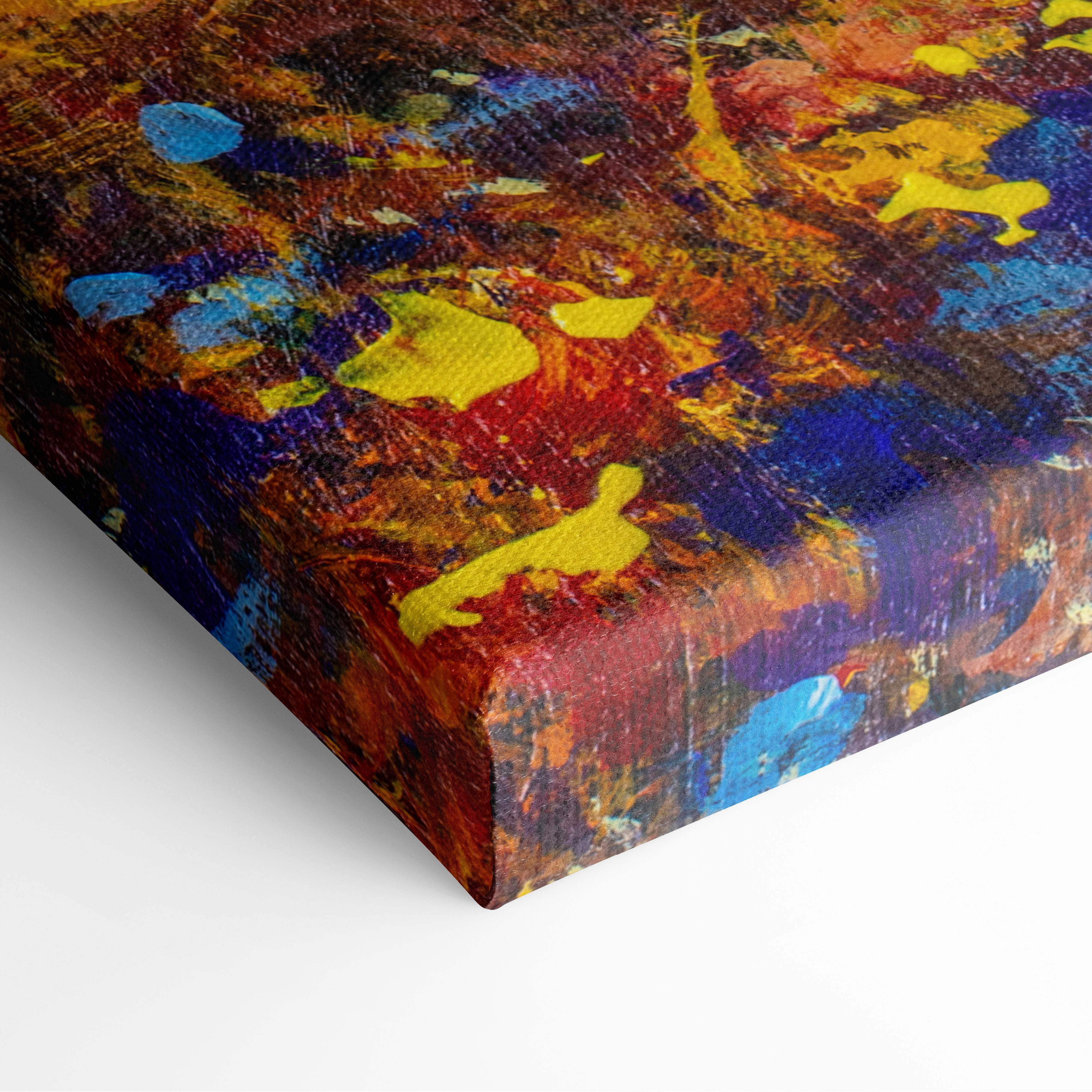 Golden autumn forest sunlight painting style vibrant canvas print with bold yellow blue red and orange textured splashes