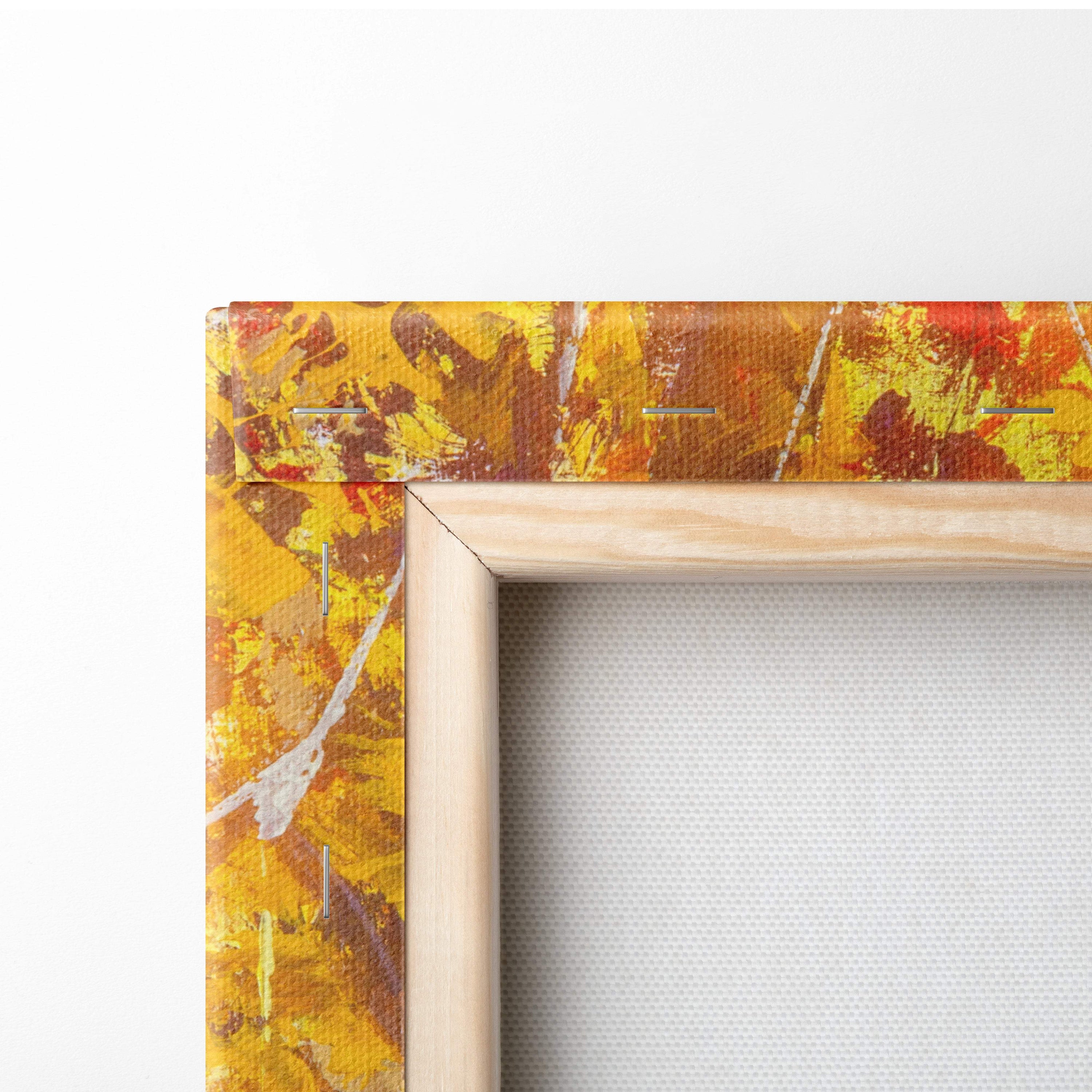 A wooden frame featuring a vibrant abstract painting in yellow and orange titled golden autumn forest sunlight wall art