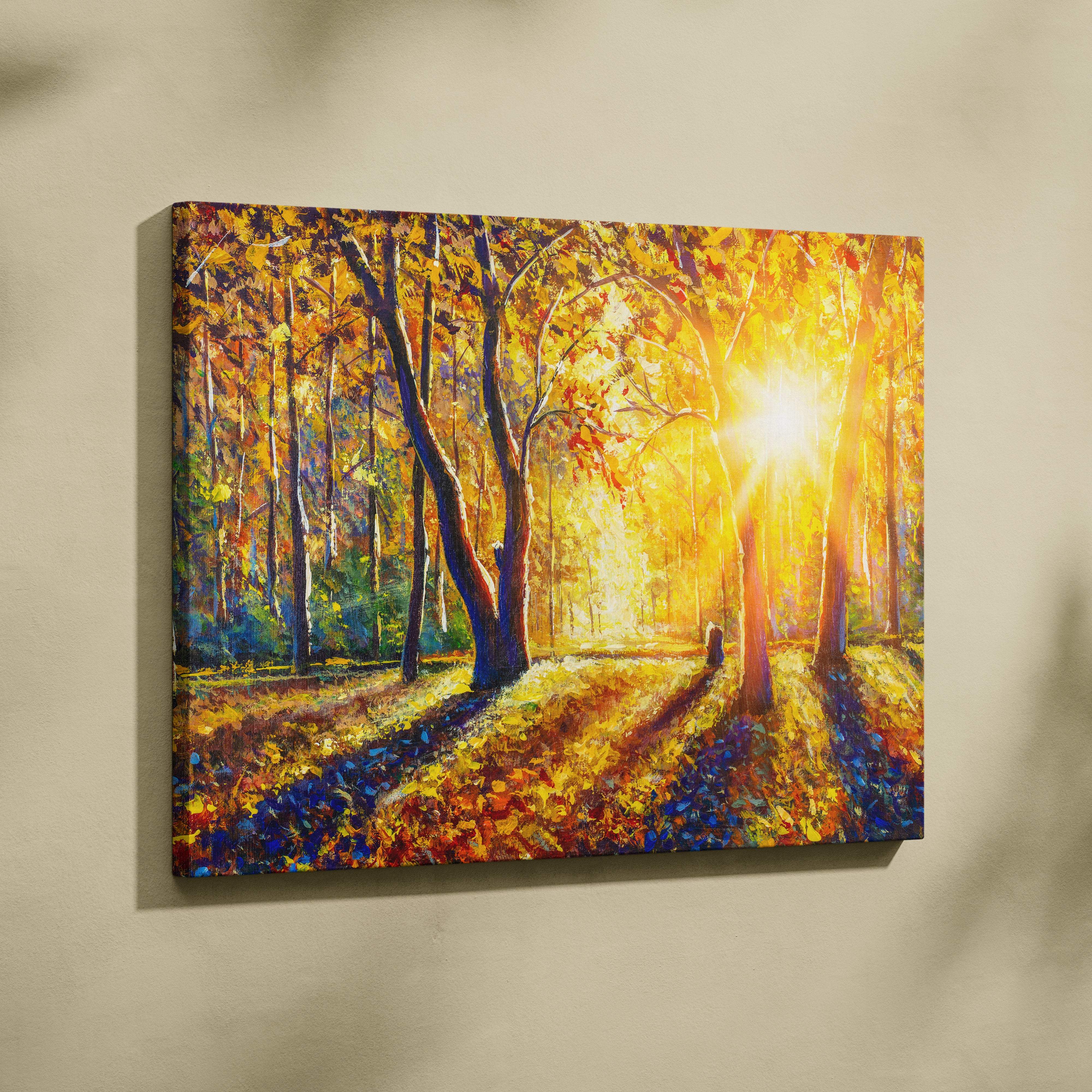 Vibrant golden autumn forest sunlight canvas painting with bold brushstrokes of fall trees and radiant light beams