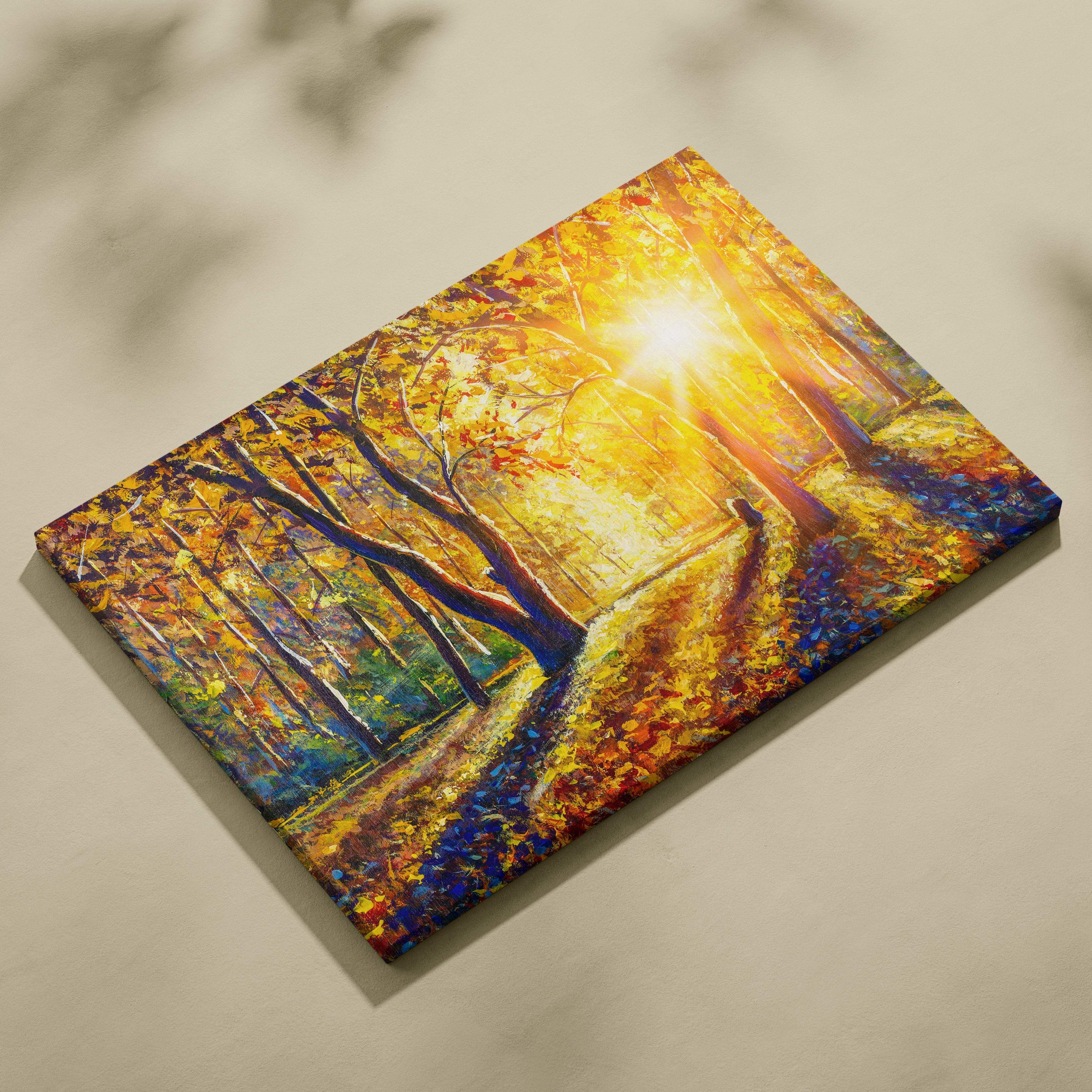 Golden autumn forest sunlight painting style wall art with vibrant fall trees and radiant light beams on canvas print