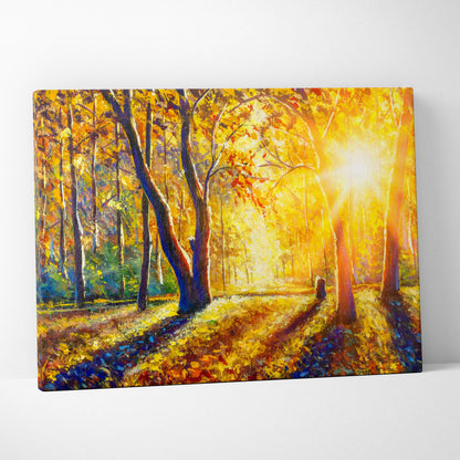 Vibrant golden autumn forest sunlight painting on stretched canvas featuring bold brushstrokes and radiant light beams