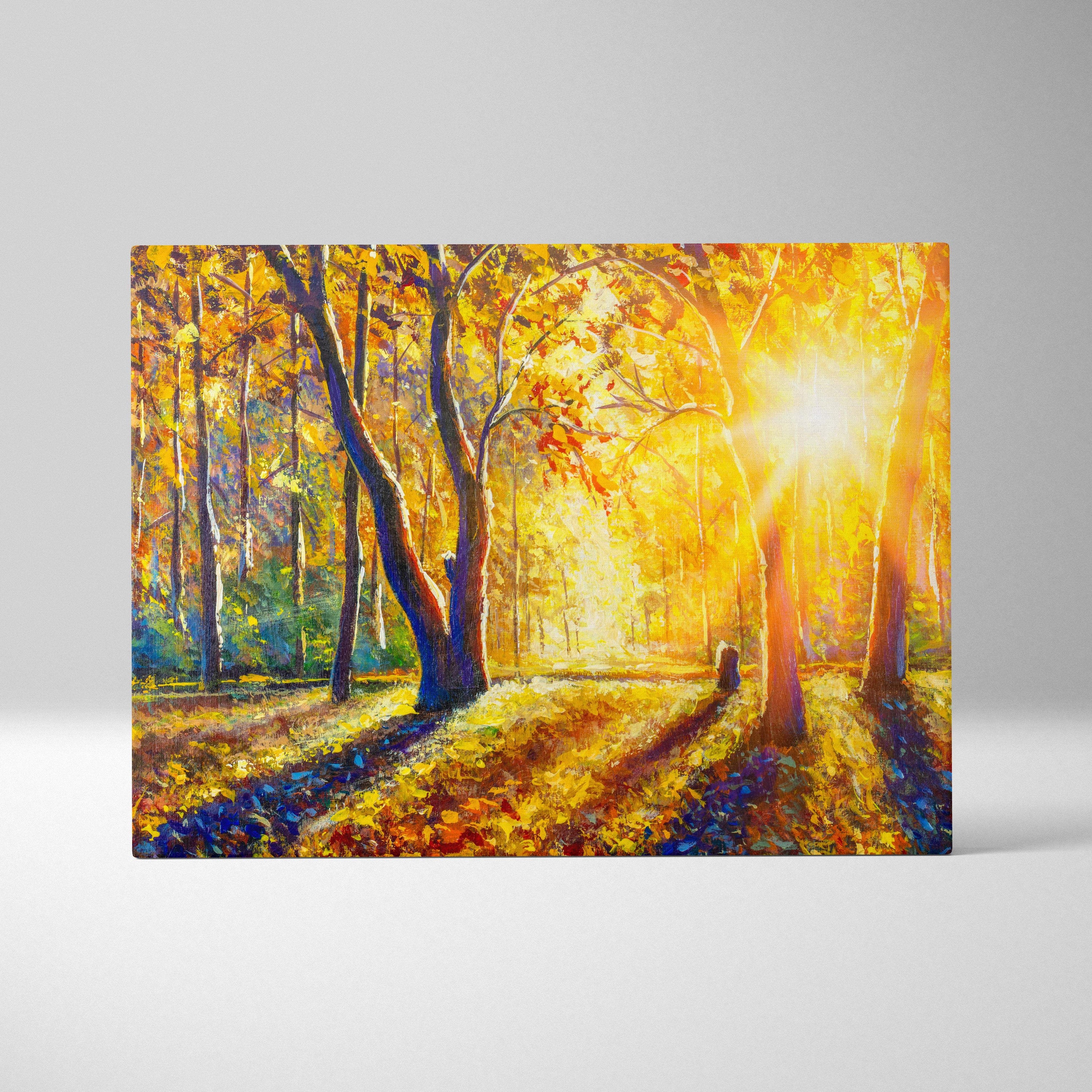 Golden autumn forest sunlight painting style canvas print with vibrant fall trees and radiant light beams in rich colors