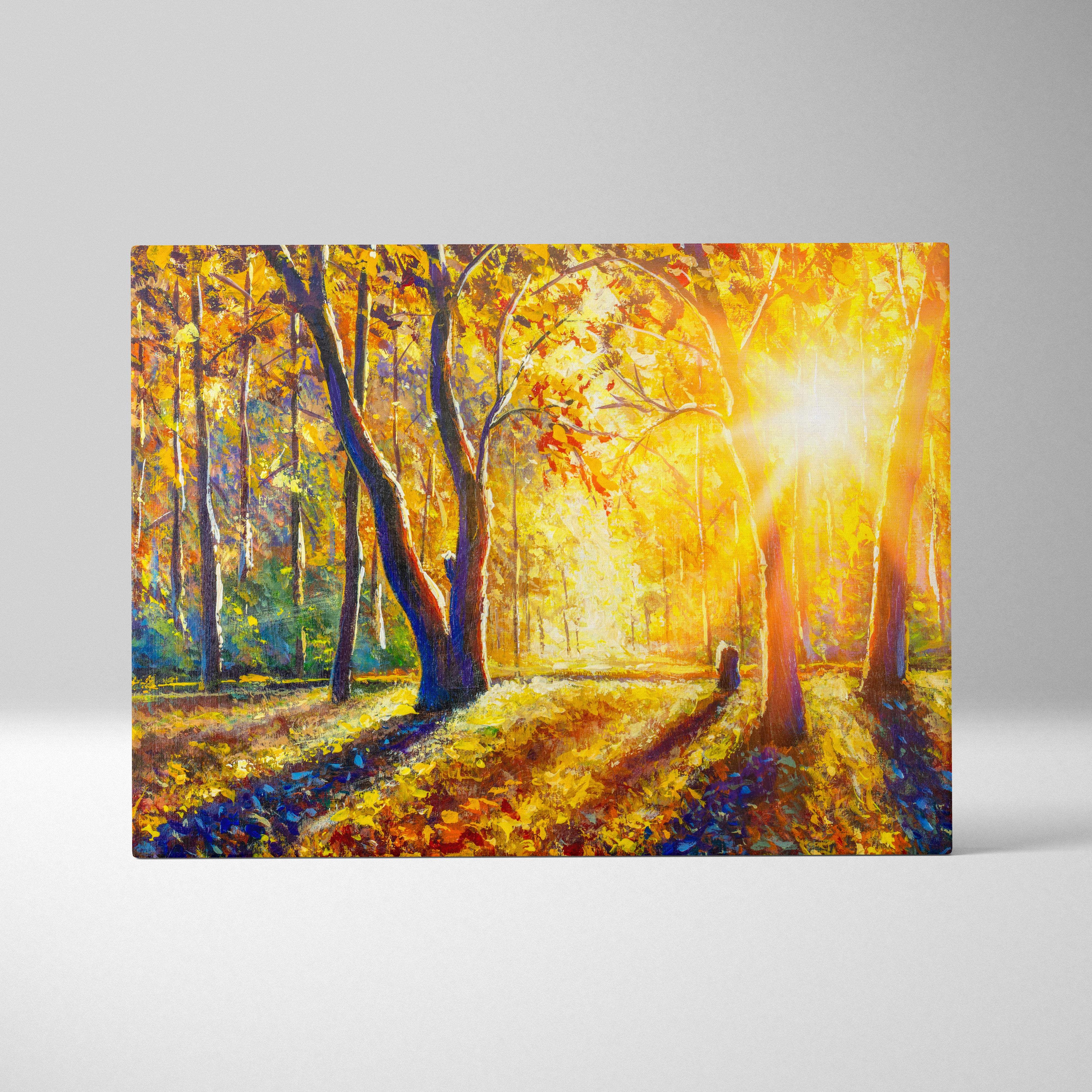Golden autumn forest sunlight painting style canvas print with vibrant fall trees and radiant light beams in rich colors
