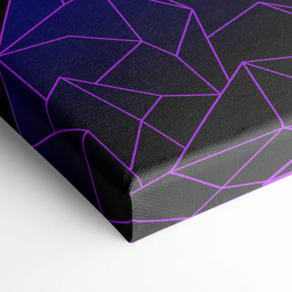 Black canvas print featuring vibrant purple geometric lines on dark blue to black gradient vaporwave neon mountain sunset design