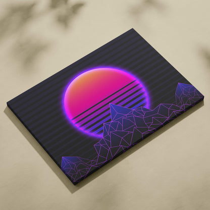 Vaporwave neon mountain sunset canvas art print featuring a vibrant pink and purple retro-futuristic mountain landscape