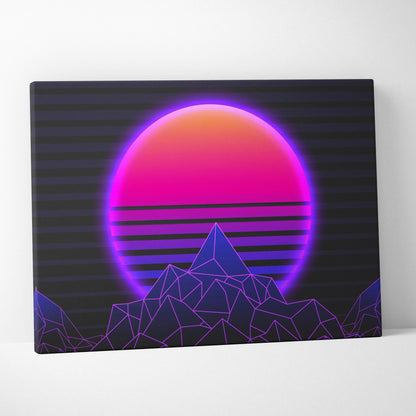 Vaporwave neon mountain sunset canvas art print featuring a glowing pink and purple gradient sun above neon geometric mountains