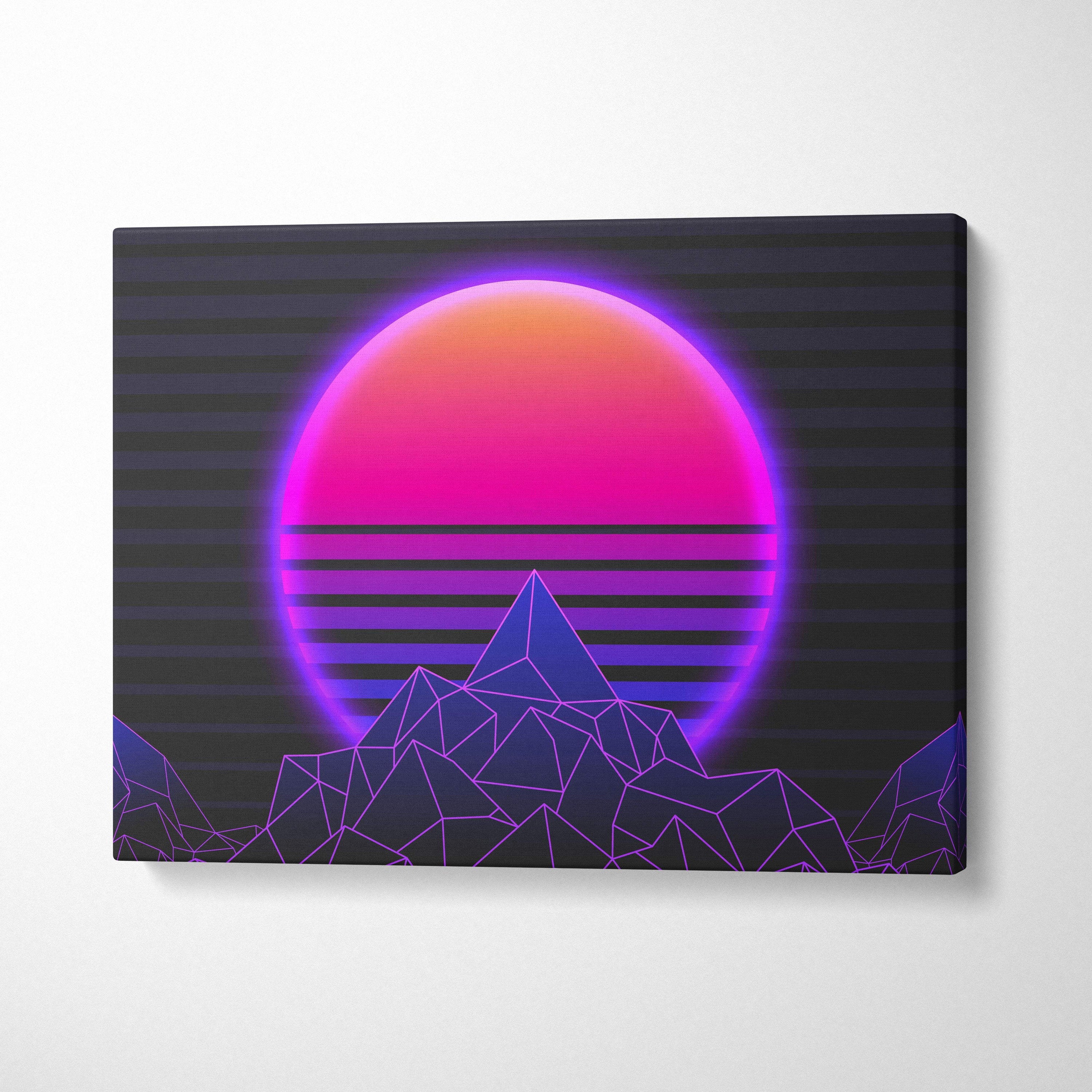 Vaporwave neon mountain sunset canvas art print with glowing pink and purple gradient sun over dark geometric peaks