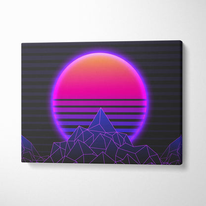 Vaporwave neon mountain sunset canvas art print with glowing pink and purple gradient sun over dark geometric peaks
