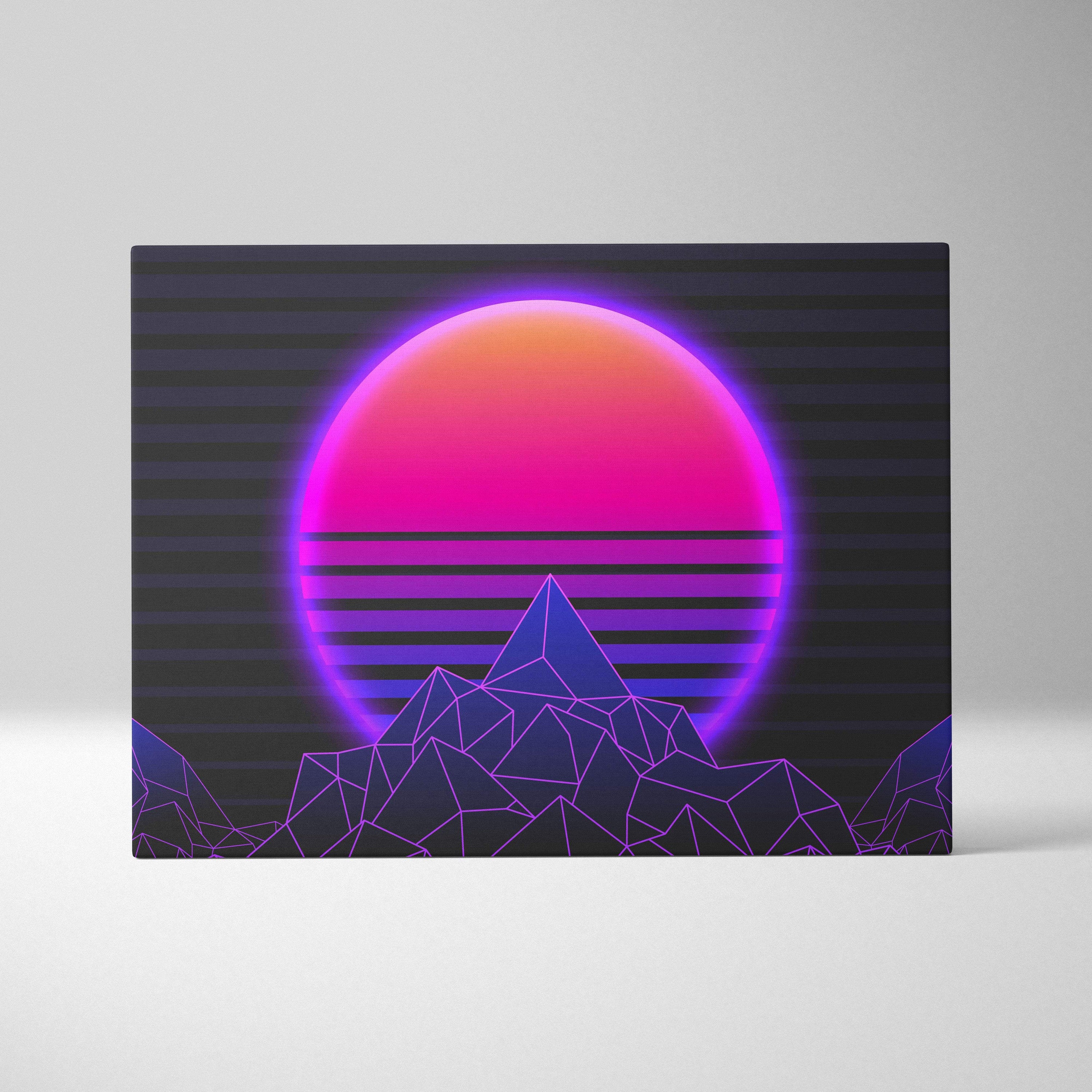 Vaporwave neon mountain sunset canvas art print with vibrant pink and purple retro-futuristic geometric landscape design