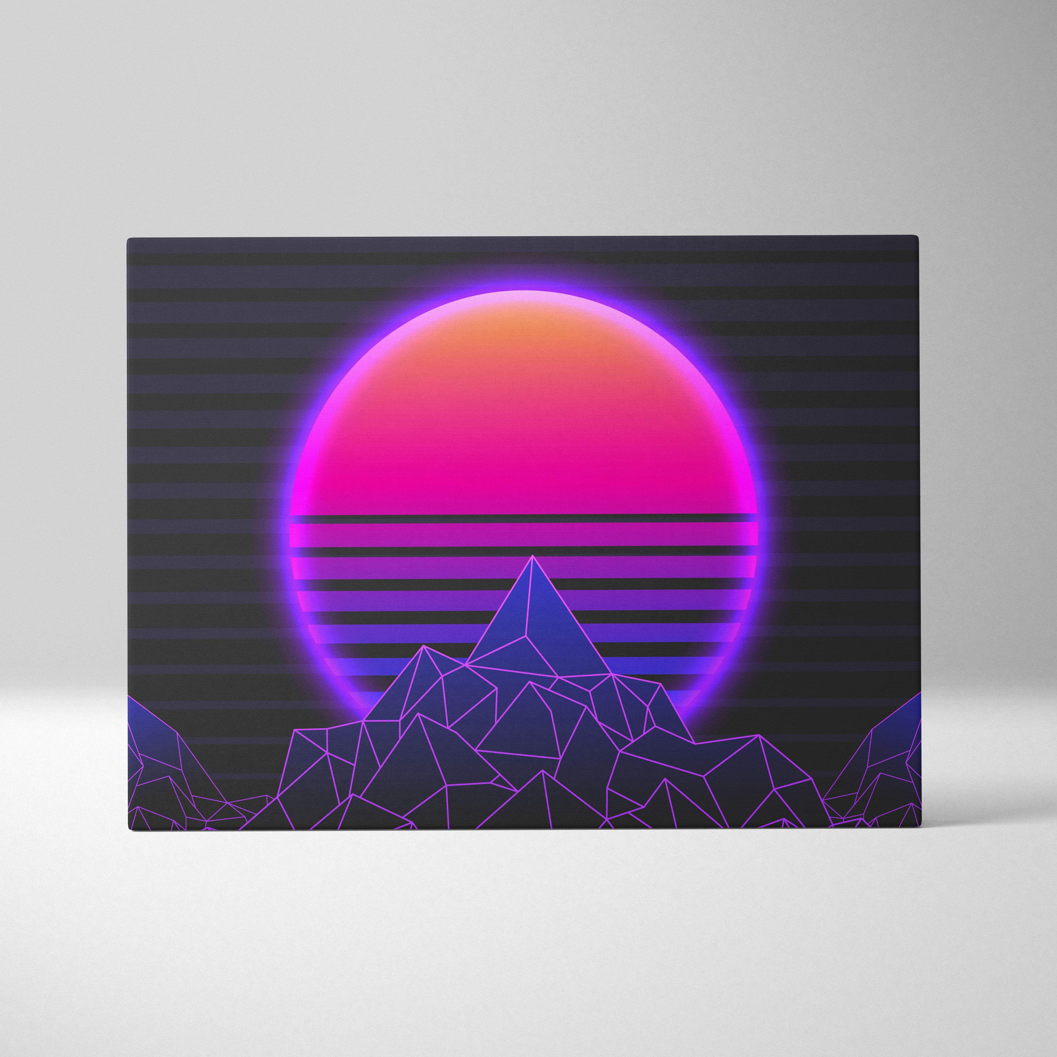 Vaporwave neon mountain sunset canvas art print with vibrant pink and purple retro-futuristic geometric landscape design