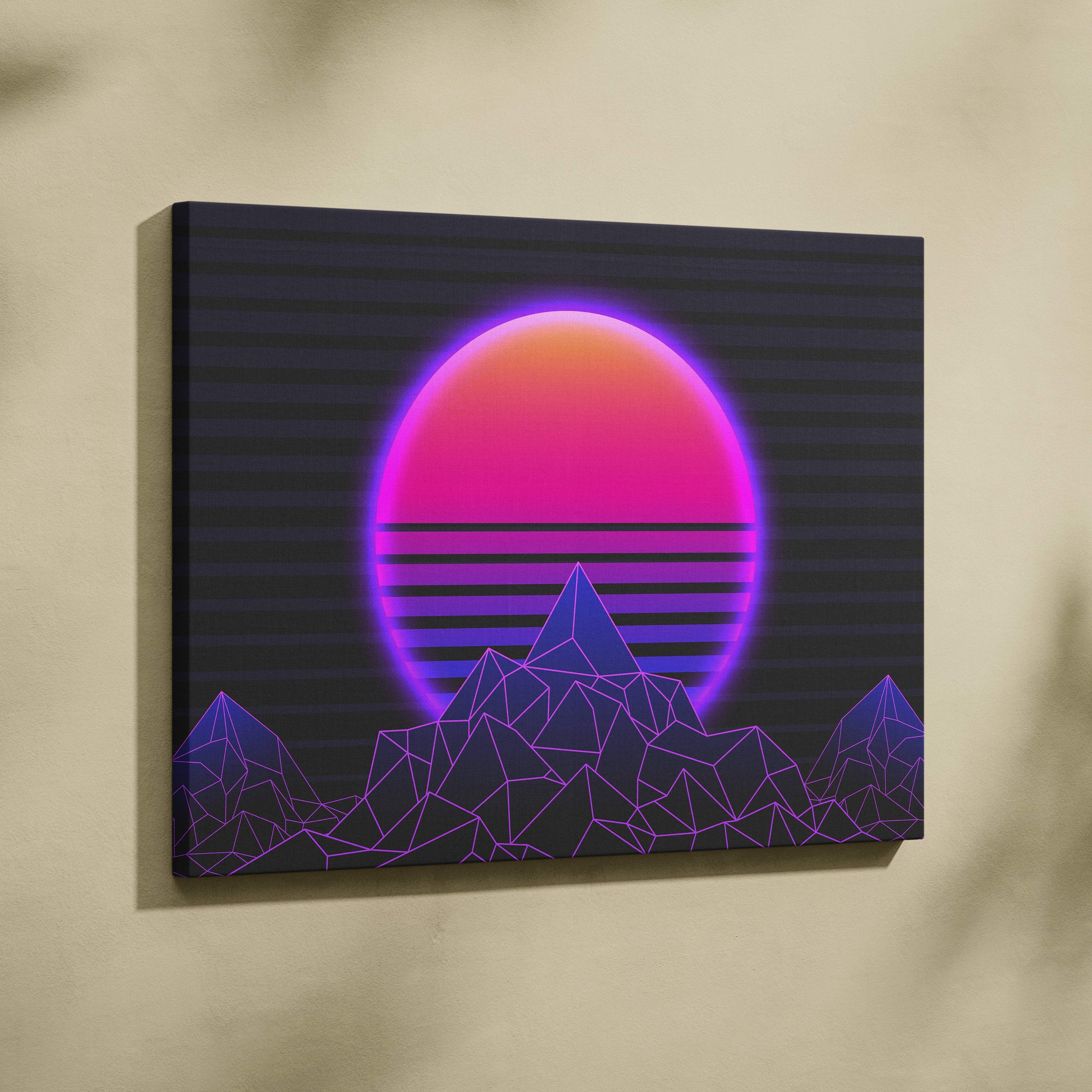 Vaporwave neon mountain sunset canvas art print with glowing pink and purple sun setting behind geometric mountains