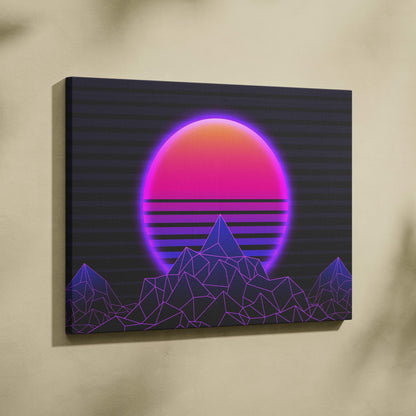 Vaporwave neon mountain sunset canvas art print with glowing pink and purple sun setting behind geometric mountains
