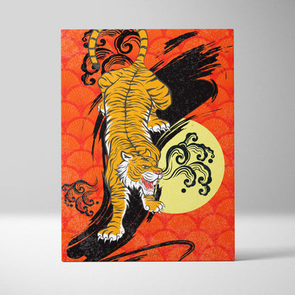 Vibrant orange canvas wall art featuring a bold yellow and black tiger with white accents on an ornate red background