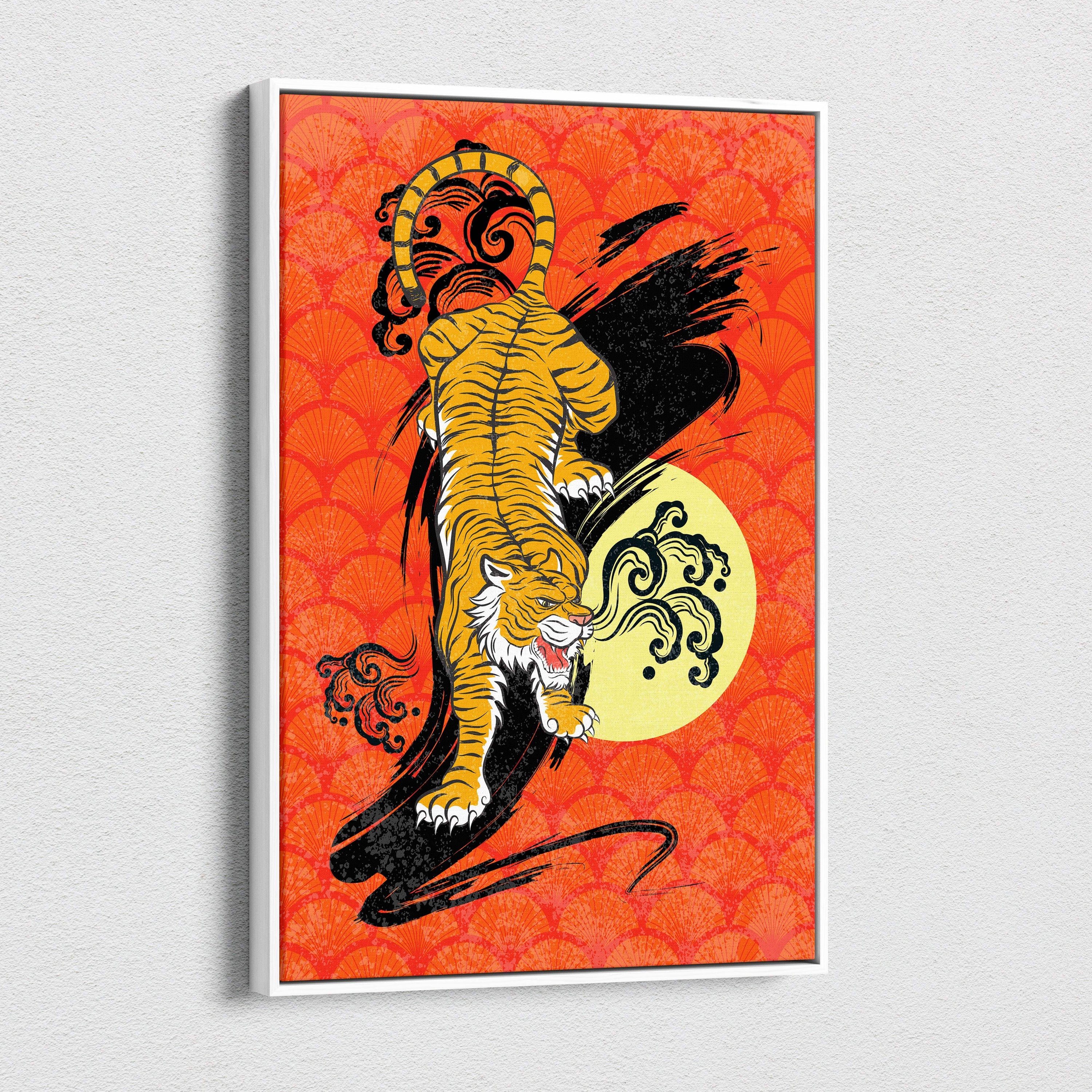 Vibrant orange canvas wall art featuring a stylized yellow tiger with black and white accents in bold asian tattoo style